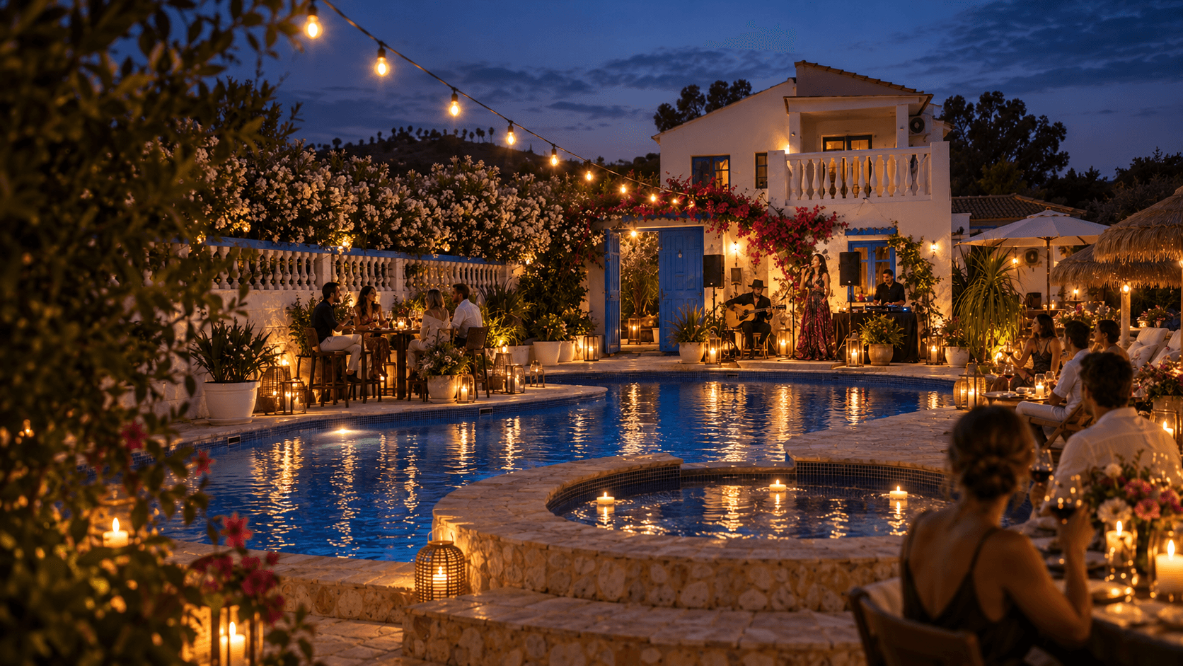 The Dragonfly pool and gardens illuminated for an evening celebration