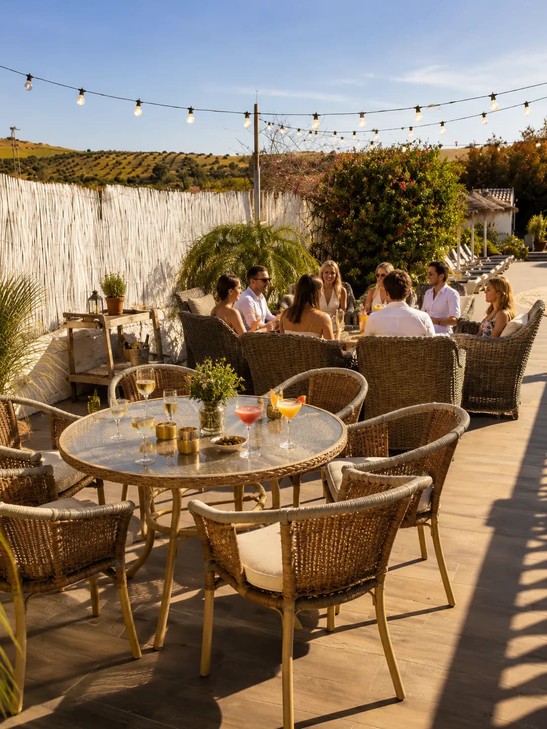 A long Mediterranean dining table prepared for a shared Dragonfly experience