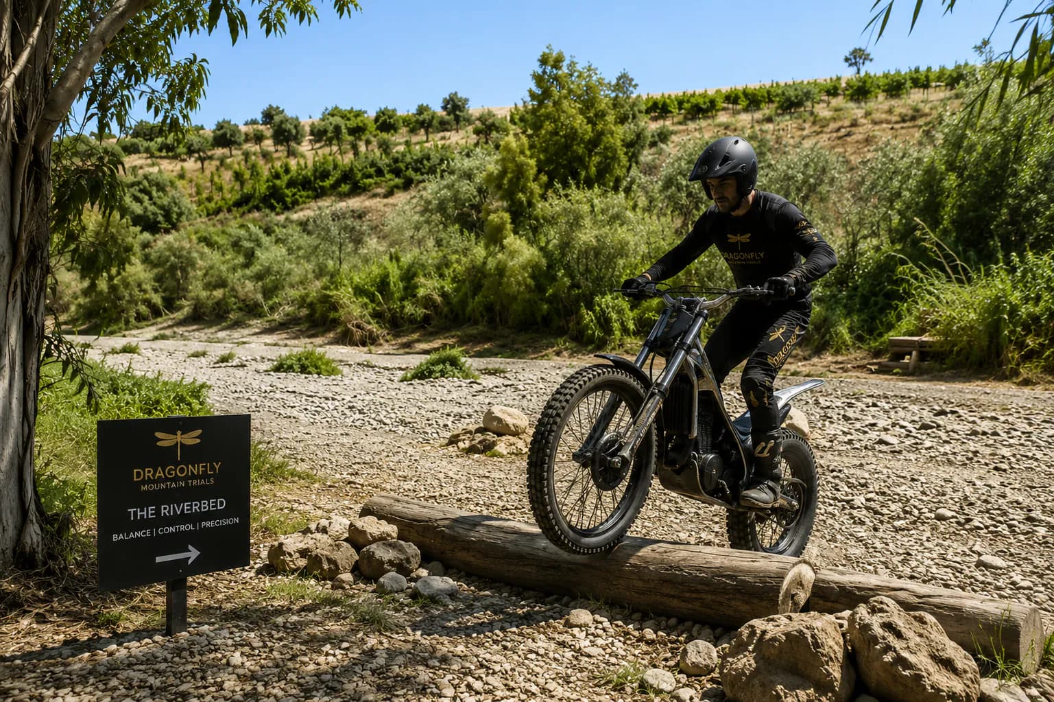 Electric trials motorcycle climbing rocky Andalusian terrain in approved Mountain Trials concept imagery