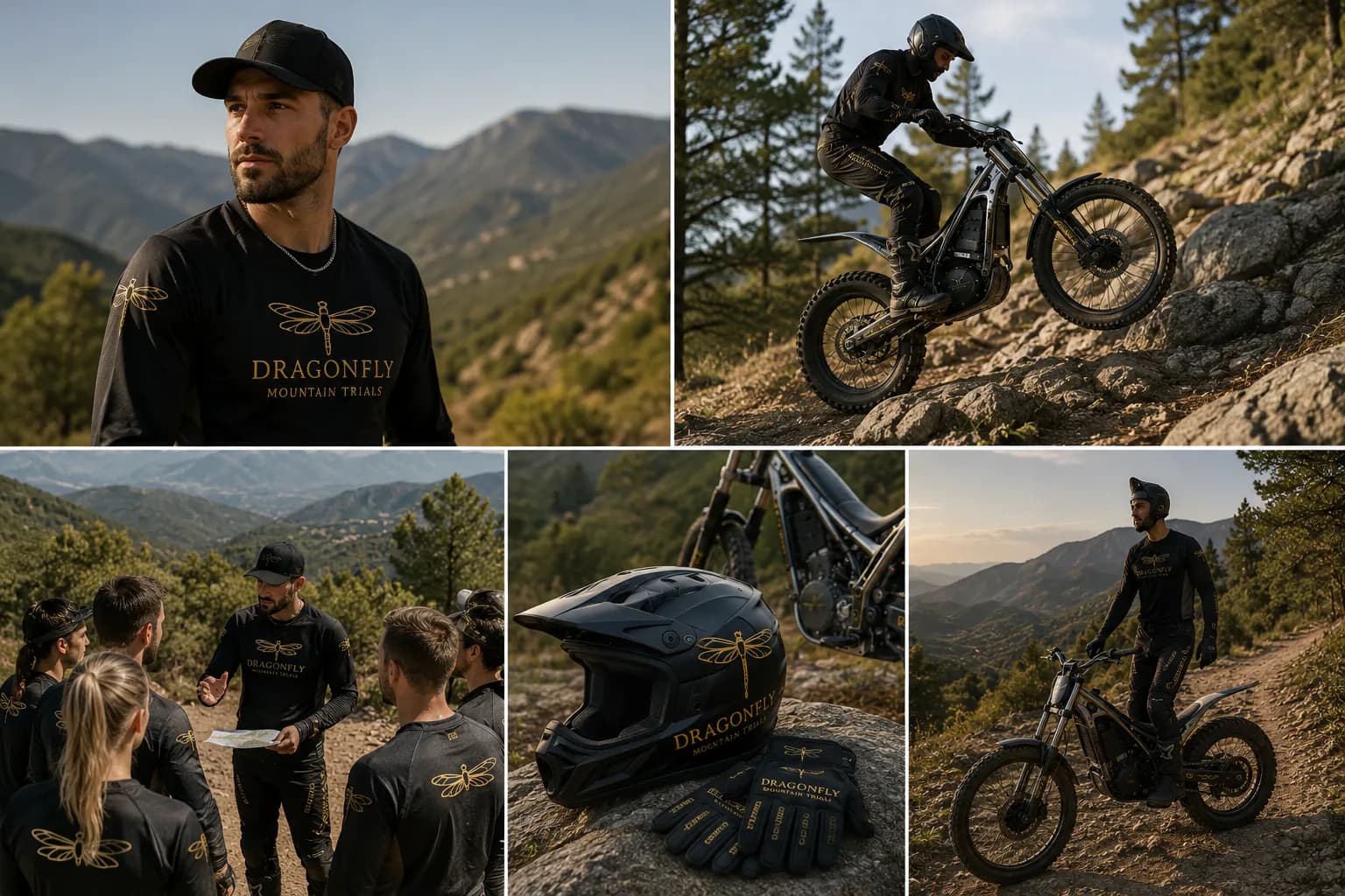 Electric trials rider and motorcycle in an Andalusian mountain setting, representing the Mountain Trials launch vision