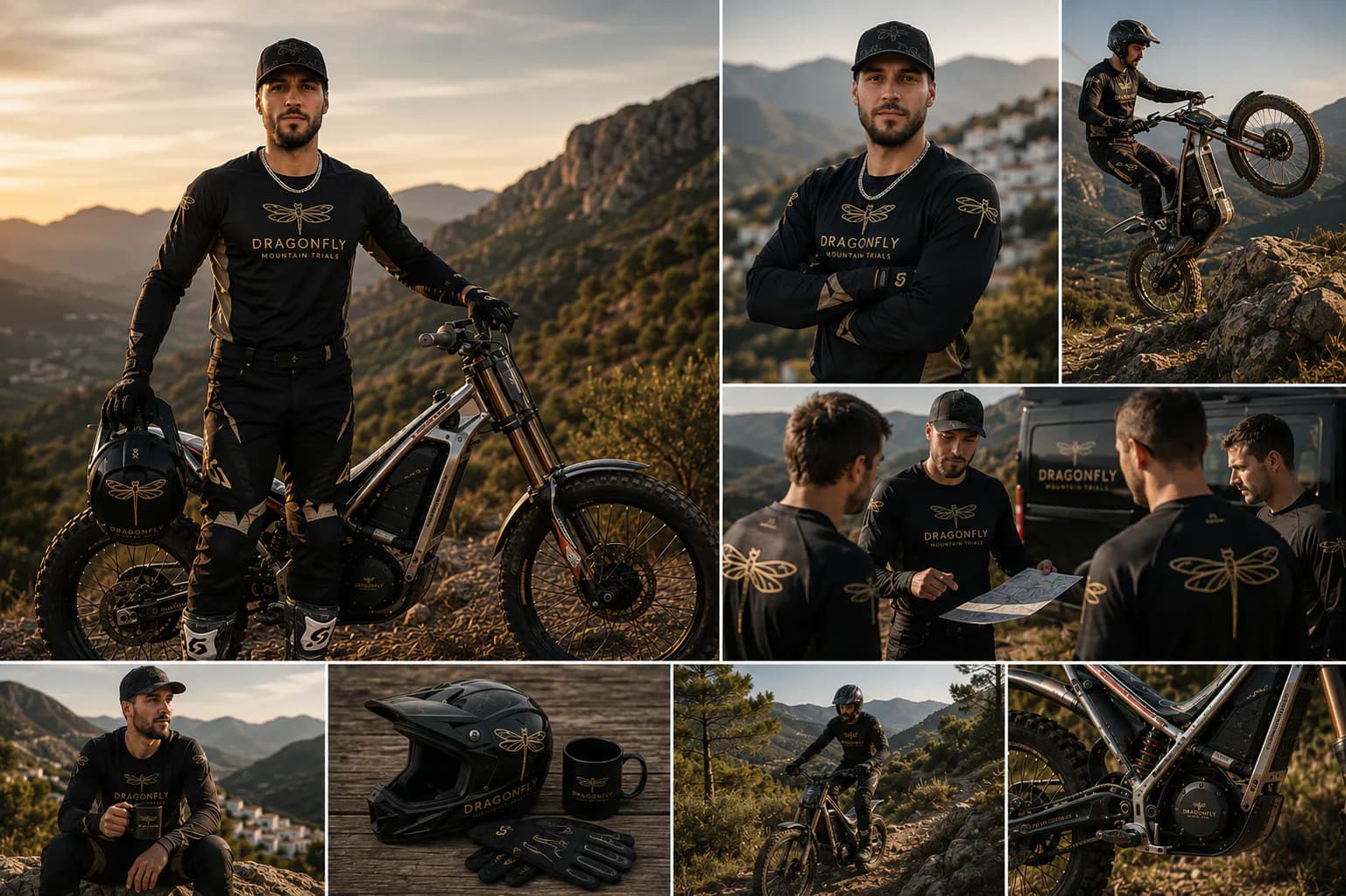 Taylor in Dragonfly Mountain Trials concept imagery against an Andalusian mountain backdrop